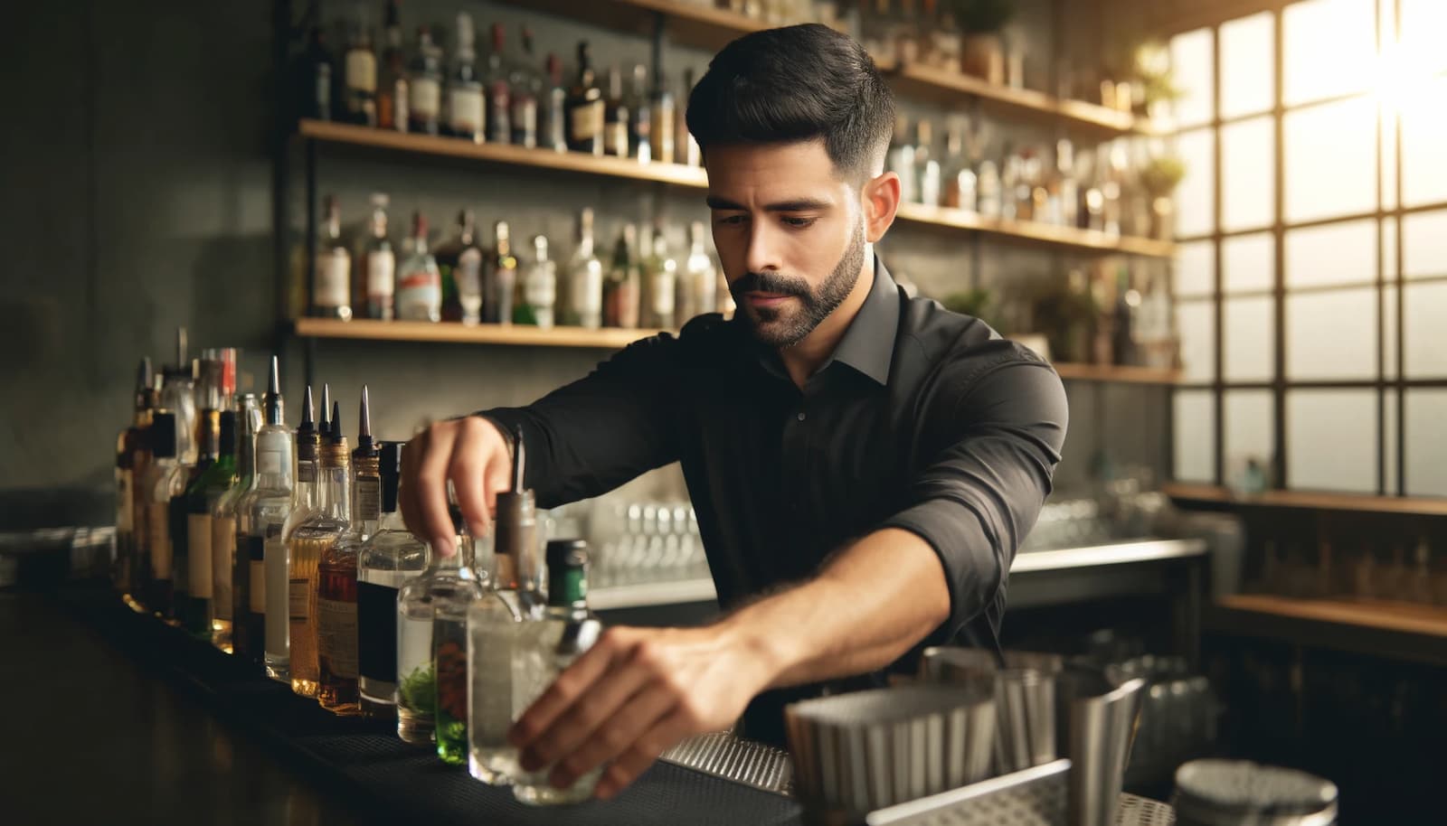 Bartender organizing bar setup